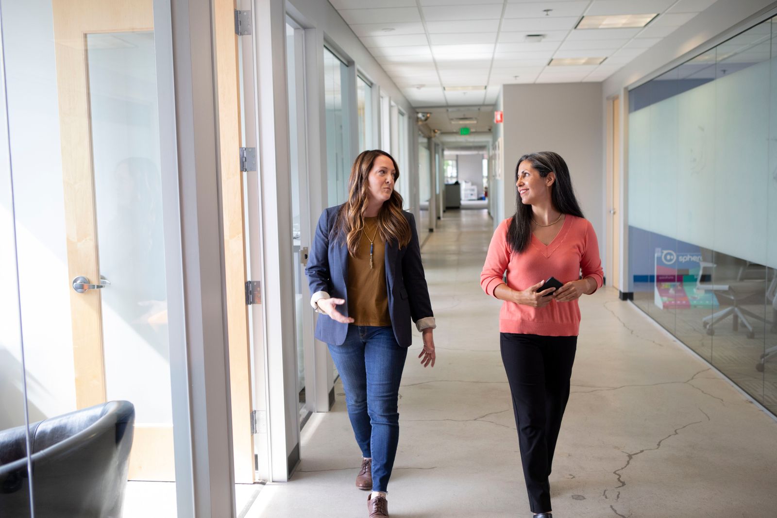 Two colleagues walking and talking